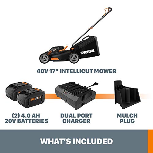 Worx WG743 40V PowerShare 4.0Ah 17" Lawn Mower w/ Mulching & Intellicut (2x20V Batteries),Black and Orange