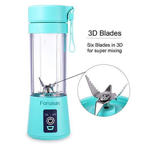 Portable Personal Blender, Household Juicer Fruit Shake Mixer -Six Blades, 380ml Baby Cooking Machine with USB Charger Cable (Cyan)