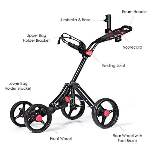 Tangkula Golf Push Cart 4 Wheels Folding with Umbrella Scorecard Drink Holder Golf Pull Cart