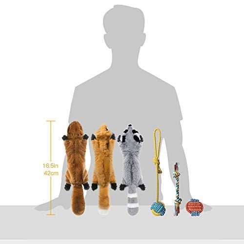 Peteast-3 Squeaky Toys and 3 Rope Dog Toys, No Stuffing Squeaky Plush Fox Raccoon Squirrel, Puppy Chew Teething Rope Toys Set for S/M/L Dogs Pets Animals