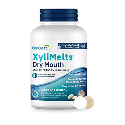 OraCoat XyliMelts Dry Mouth Relief Oral Adhering Discs Slightly Sweet with Xylitol, For Dry Mouth, Stimulates Saliva, Non-Acidic, Day and Night Use, Time Release for up to 8 Hours, 100 Count
