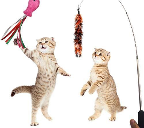 PETOY Cat Toys Set, Cat Retractable Teaser Wand, Catnip Fish, Interactive Cat Feather Toy, Mylar Crincle Balls, Two Cotton Mice, Two Fluffy Mouse