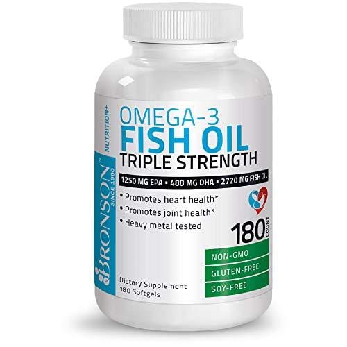 Omega 3 Fish Oil Triple Strength 2720 mg - High EPA 1250 mg DHA 488 mg - Heavy Metal Tested - Non GMO Gluten Free Soy Free - 180 Softgels