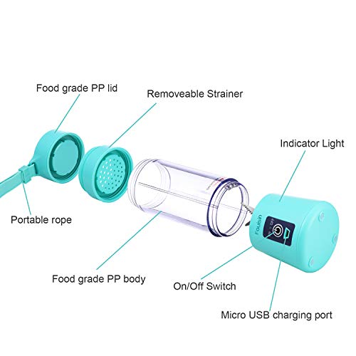 Portable Personal Blender, Household Juicer Fruit Shake Mixer -Six Blades, 380ml Baby Cooking Machine with USB Charger Cable (Cyan)
