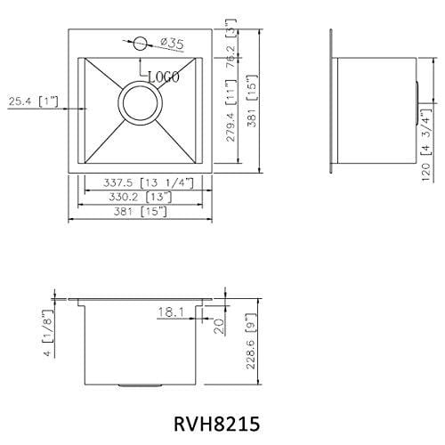 Ruvati 15 x 15 inch Workstation Drop-in Topmount Bar Prep RV Sink 16 Gauge Stainless Steel - RVH8215
