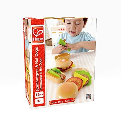Hape Hamburger and Hot Dogs Wooden Play Kitchen Food Set with Accessories