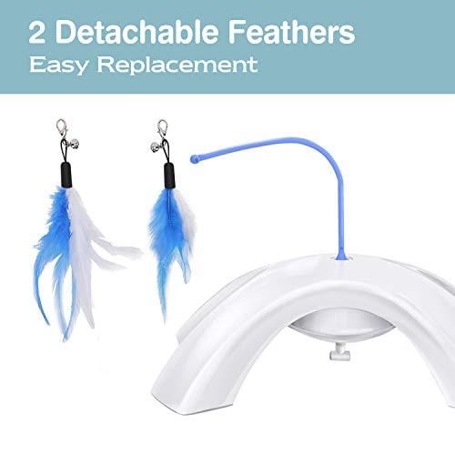 PAWABOO Pet Teasing Toy, Feather Whirl Teaser Spin Cat Toy Quadripod Electronic Interactive Chase Rotating Feather Toys for Pet Cat Kitten Play Fun Exercise - White & Blue