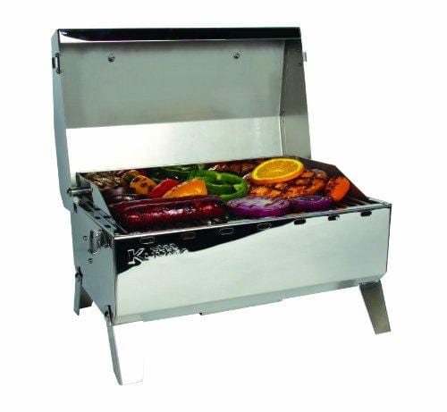 Camco Stainless Steel Portable Propane Gas Grill, Convenient Size For Tailgating, Camping, RV, Picnicking, Home and Boats, Includes Storage Bag (125 Square Inches Of Cooking Surface)