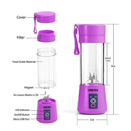 Portable Blender, OBERLY Smoothie Juicer Cup - Six Blades in 3D, 13oz Fruit Mixing Machine with 2000mAh USB Rechargeable Batteries, Ice Tray, Detachable Cup
