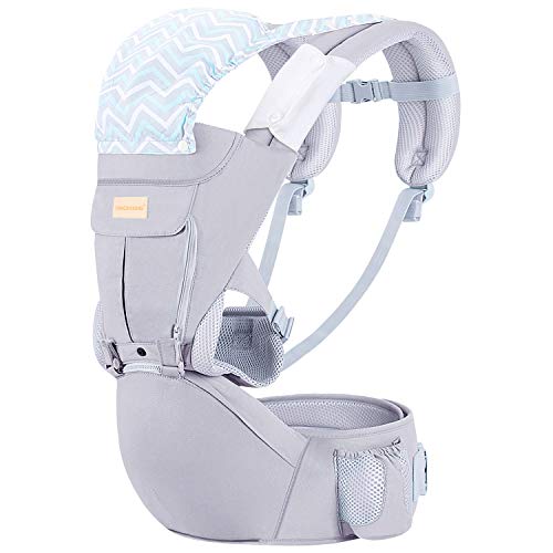 Baby Wrap Carrier with Hip Seat, Windproof Cap, Bite Towel as Well as 6 and 1 Convertible Backpack, Cotton Sling for Infants, Babies and Toddlers - Grey