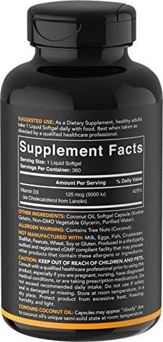 Vitamin D3 (5000iu/125mcg) Enhanced with Coconut Oil for Better Absorption ~ Non-GMO & Gluten Free (360 Mini Liquid Softgels)