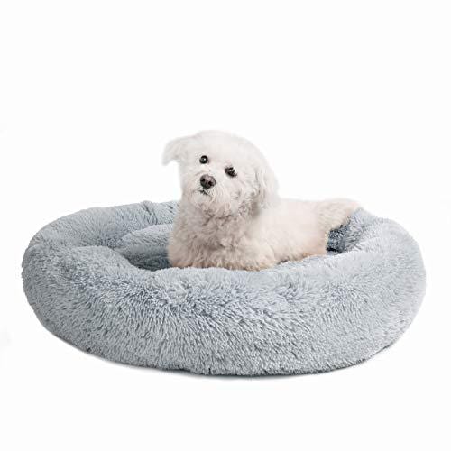 Veehoo Self-Warming Round Dog Bed for Medium Dogs & Cats, Luxurious Faux Fur Donut Cuddler, Bolster Pet Bed & Sofa, Extra Plush Dog Pillow & Couch, Machine Washable, Grey