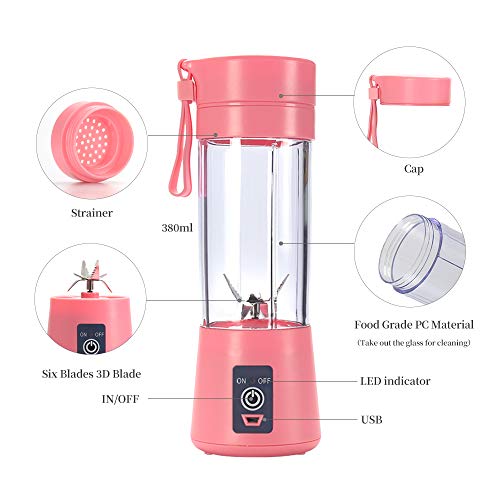 Portable Blender Cup,Electric USB Juicer Blender,Mini Blender Portable Blender For Shakes and Smoothies, juice,380ml, Six Blades for Great Mixing