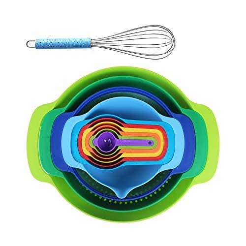 Mixing Bowls Set with 10 Nesting Bowls Stackable Measuring Cups Sieve Strainer Colander for Salad/Cooking/Baking/Food Prep, 11-Piece,Multicolor