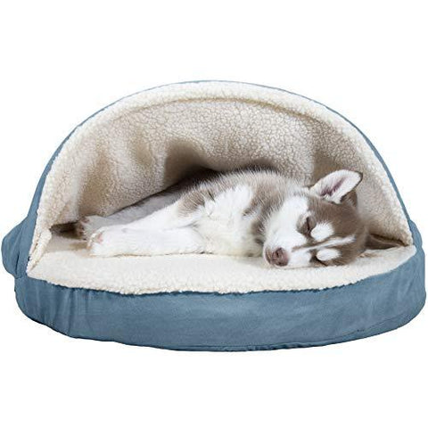 FurHaven Pet Dog Bed | Orthopedic Round Faux Sheepskin Snuggery Burrow Pet Bed for Dogs & Cats, Blue, 26-Inch