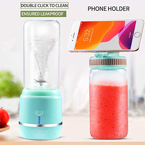 Portable Blender, Yeaky Personal Blender for Shakes and Smoothies with a Travel Lid, USB Rechargeable Blend Jet, Serve as Power Supply, 14oz/420ml Glass Juice Mixer for Home, Office,Gym,and Outdoor(Blue)