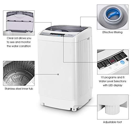 Giantex Full-Automatic Washing Machine Portable Compact 1.6 Cu.ft Laundry Washer Spin with Drain Pump, 10 programs 8 Water Level Selections with LED Display 10 Lbs Capacity