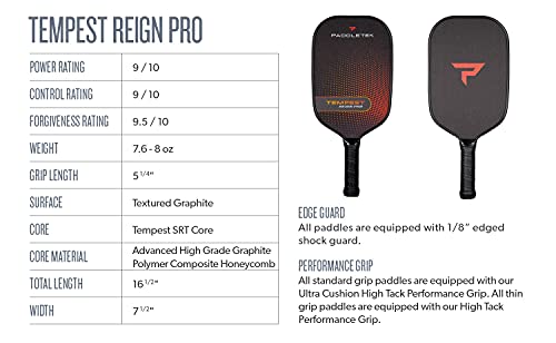 Paddletek Tempest Reign Pro Pickleball Paddle, Powerful Performance Paddle, Standard Grip – Red