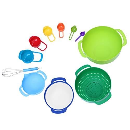 Mixing Bowls Set with 10 Nesting Bowls Stackable Measuring Cups Sieve Strainer Colander for Salad/Cooking/Baking/Food Prep, 11-Piece,Multicolor