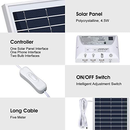 SUAOKI Solar Panel System Lights Kit, Upgraded Portable Home Solar Lights Outdoor Solar Powered Charger with Switch Controller, 2 LED Bulbs, 3 USB Ports for Indoor Outdoor Camping Garage Emergency