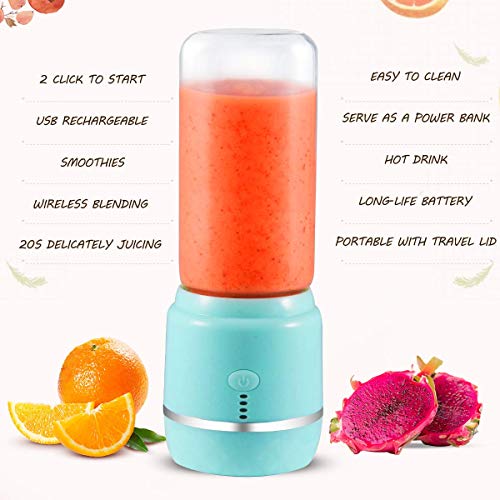 Portable Blender, Yeaky Personal Blender for Shakes and Smoothies with a Travel Lid, USB Rechargeable Blend Jet, Serve as Power Supply, 14oz/420ml Glass Juice Mixer for Home, Office,Gym,and Outdoor(Blue)