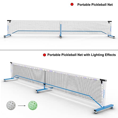 JOGENMAX Portable Pickleball Net System with Lockable Wheels, Metal Frame Pickleball Court with LED Light, Regulation Size Net with Durable Carrying Bag, and 4 Pickleball Rackets.