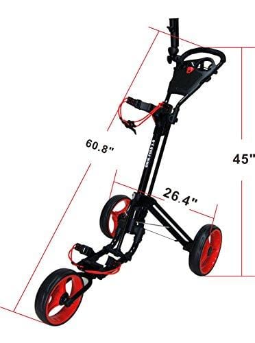 Qwik-Fold 3 Wheel Push Pull Golf CART - Foot Brake - ONE Second to Open & Close! (Black/Red)