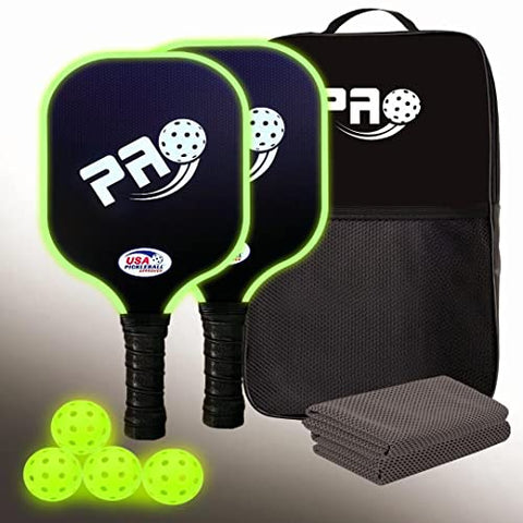 PRO Pickleball Glow in The Dark Paddle Edge and Balls Set. Graphite Carbon Fiber face Cushion with Honeycomb core More Lightweight and Durable
