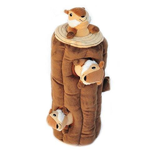 ZippyPaws - Woodland Friends Burrow, Interactive Squeaky Hide and Seek Plush Dog Toy - Chipmunks 'n Log