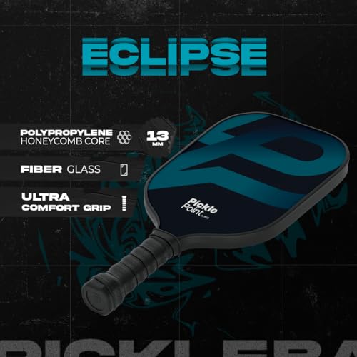 PICKLEPOINT Pickleball Paddle Eclipse | Fiberglass Surface | Paddle with 13mm Polypropylene Honeycomb Core | Large Sweet Spot | Spin and Control | Comfort Grip