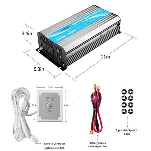 Power Inverter Pure Sine Wave 1200Watt 12V DC to 110V 120V with Remote Control Dual AC Outlets and USB Port for CPAP RV Car Solar System Emergency