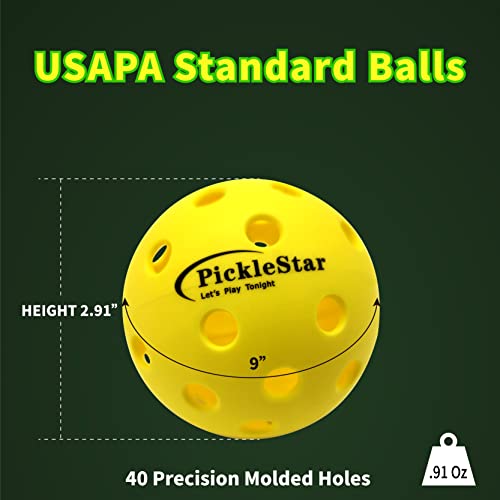 PickleStar LED Light Up Pickleball Balls, USAPA Standard Outdoor 40 Holes Yellow PickleBalls with Green Light 4 Pack LED Light Up Pickle Balls