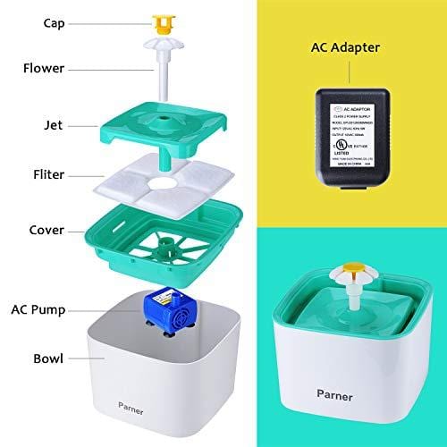PARNER Pet Water Fountain, 2.5L Flower Pet Dispenser, Super Quiet Automatic Drinking Water Bowl for Cat & Dog