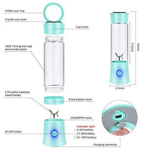 Portable Blender, Personal Blender for Shakes and Smoothies, 6 Stainless Steel Blades Cordless USB Rechargeable Juicer Cup with 4000mAh Batteries, Handheld 16oz Mini Travel Blender Small Fruit Mixer Detachable for Home Office Gym Outdoor, Green