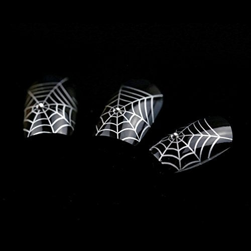 ArtPlus Preglued 24pcs Halloween Gothic Black Silver Spider Web with Crystals False Nails with Upgraded Adhesive Tabs Press on and Glue Full Cover Long Length Fake Nails Art