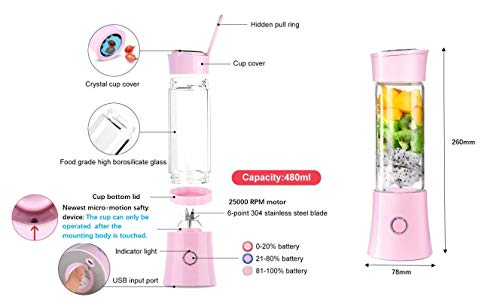 Portable Blender, Smoothie Blender with 16oz Travel Glass Cup and Lid 4000mAh Battery 7.4V Strong Power Personal Size Blender USB Rechargeable Mini Juicer Cup Travel Blender for Shakes and Smoothies with Stainless Steel 6 Blades BPA Free Pink
