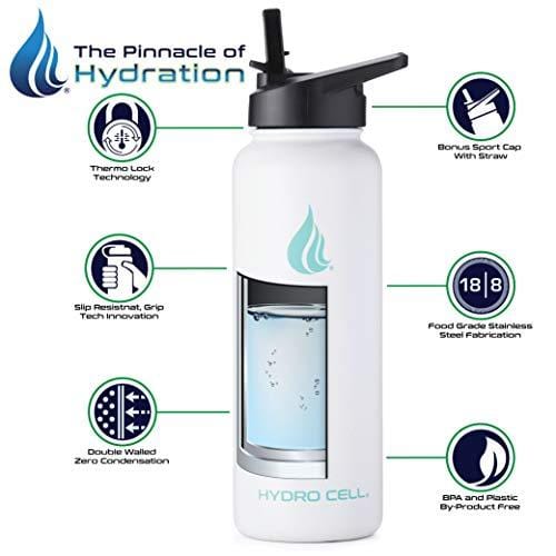 HYDRO CELL Stainless Steel Water Bottle with Straw & Wide Mouth Lids (40oz) - Keeps Liquids Perfectly Hot or Cold with Double Wall Vacuum Insulated Sweat Proof Sport Design (White 40oz)
