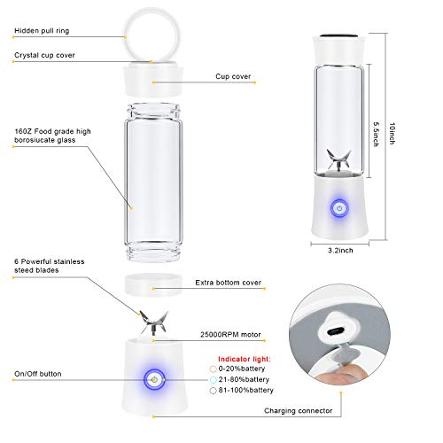 Portable Blender, Personal Blender for Shakes and Smoothies, 6 Stainless Steel Blades Cordless USB Rechargeable Juicer Cup with 4000mAh Batteries, Handheld 16oz Mini Travel Blender Small Fruit Mixer Detachable for Home Office Gym Outdoor, White