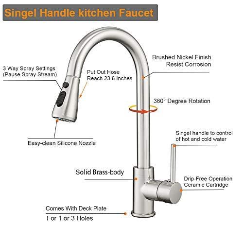 Hoimpro Commercial High-Arc Single Handle Kitchen Sink Faucet With Pull Out Sprayer, Modern Rv kitchen Faucet With Pull Down Sprayer, 3 Function Touch Water Faucet, Brass/Brushed Nickel(1 or 3 Hole)