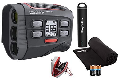 Bushnell Hybrid Golf Laser/GPS Rangefinder Bundle | Pinseeker w/Jolt, 1000 Yards, 5X Mag, Case | 201835 (+ PlayBetter Portable Charger, Microfiber Cleaning Towel & Extra CR2 Battery)