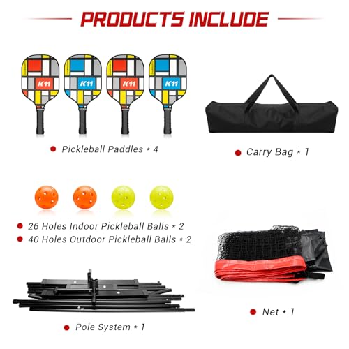 Pickleball Net Set - Portable Pickleball Net System, Steady Metal Frame, 22FT Regular Size, 4 Pickleball Paddles & 4 Balls, 1 Carry Bag, Pickleball Set for Indoor Outdoor Play