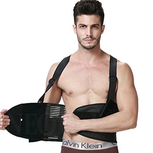 Back Brace with Suspenders for Men - Adjustable - Removable Shoulder Straps - Lumbar Support Belt - Lower Back Pain, Work, Lifting, Exercise, Gym - Neotech Care Brand - Black - Size L