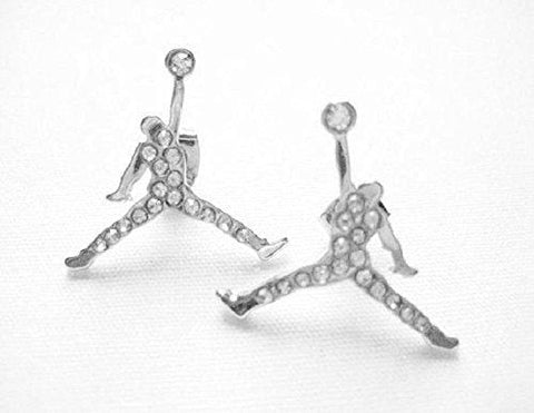 Michael Air Jordan Jumpman Silver Tone CZ Stud Hip Hop Bling Earrings