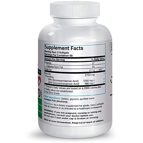 Omega 3 Fish Oil Triple Strength 2720 mg - High EPA 1250 mg DHA 488 mg - Heavy Metal Tested - Non GMO Gluten Free Soy Free - 180 Softgels