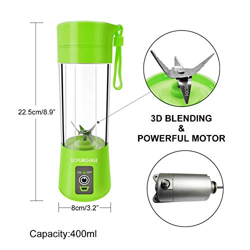 Portable Blender Single Serve, Personal Size Blender USB Rechargeable Juicer Cup Fruit Mixing Machine Baby Travel 380ml FDA, BPA-Free (Green)