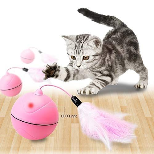 Wanfei Interactive Cat Toys, Automatic Self Rotating USB Charged Light Pet Toy with Small Bell, Pets Cats Dogs Chaser Ball, Rechargeable Entertainment Exercise Toy with Detachable Feather for Cat Dog