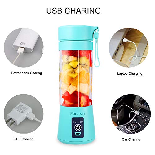 Portable Personal Blender, Household Juicer Fruit Shake Mixer -Six Blades, 380ml Baby Cooking Machine with USB Charger Cable (Cyan)