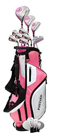 Precise M5 Ladies Womens Complete Right Handed Golf Clubs Set Includes Titanium Driver, S.S. Fairway, S.S. Hybrid, S.S. 5-PW Irons, Putter, Stand Bag, 3 H/C's Pink (Pink, Right Hand Tall Size +1")