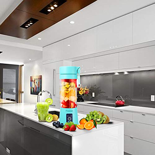 Portable Personal Blender, Household Juicer Fruit Shake Mixer -Six Blades, 380ml Baby Cooking Machine with USB Charger Cable (Cyan)