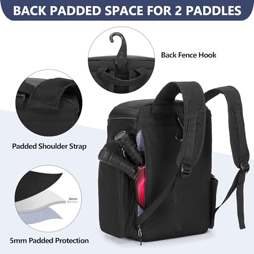 GOBUROS Pickleball Paddle Bag Backpack for 4 Rackets with Fence Hook, Pickleball Equipment Bag with Shoe Compartment for Men Women, Black, Bag Only